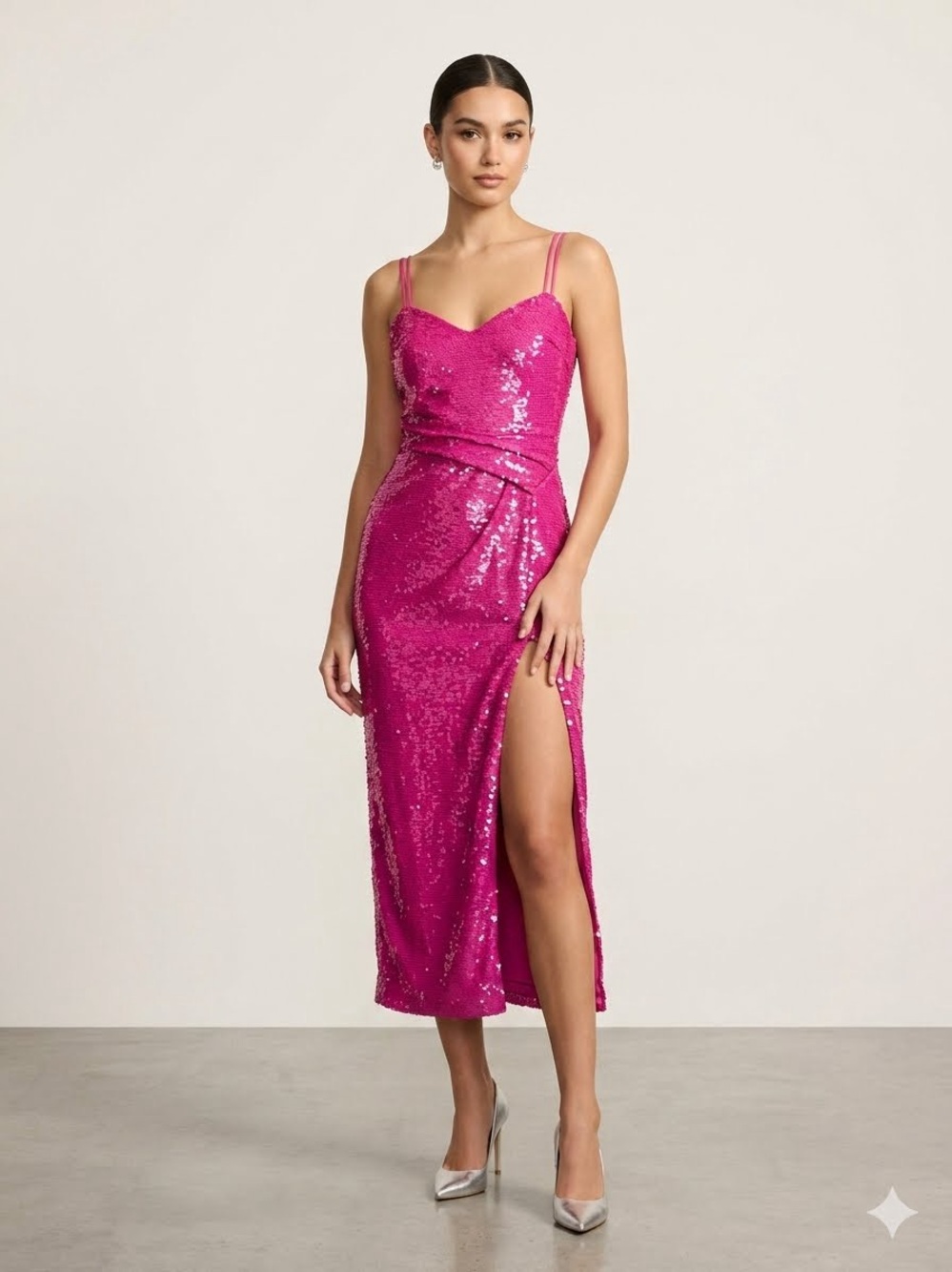 Monique Lhuillier Fuchsia Sequin Midi Dress with Thigh Slit